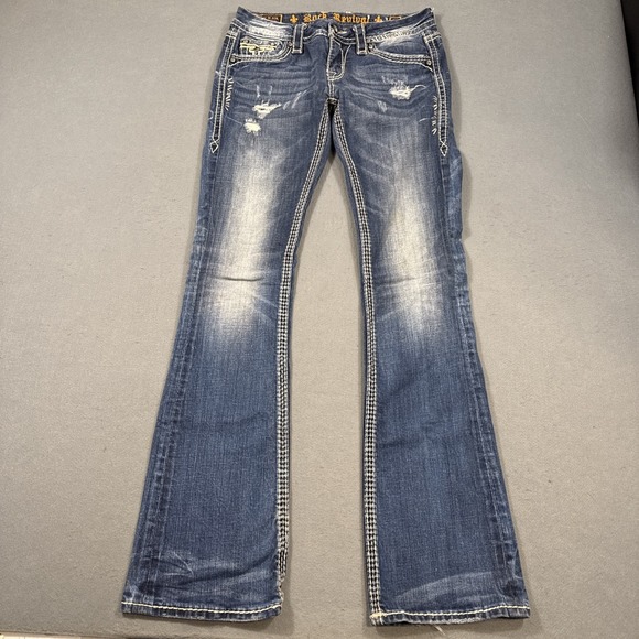 Rock Revival Kai Boot  Jeans Womens 27 Embroidered THICK STITCH WHISKERING - Picture 5 of 11